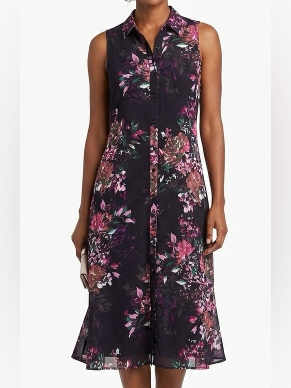 Cupio Sleeveless Floral Button-Front Midi Dress in Black and Pink